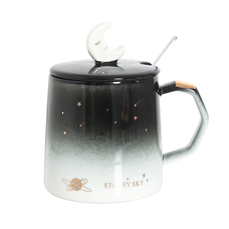 Luna estrellada personalizada taza de dibujos animados Estilo nórdico regalo cerámica café con tapa cuchara Oficina agua