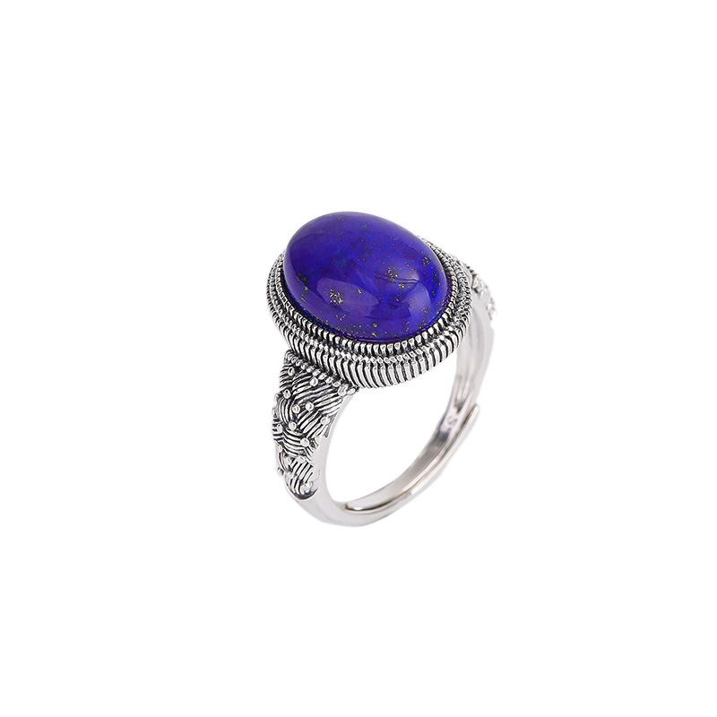 Nhẫn bạc S925 mặt trứng phong cách retro dân tộc đính đá Lapis Lazuli — Mở một size