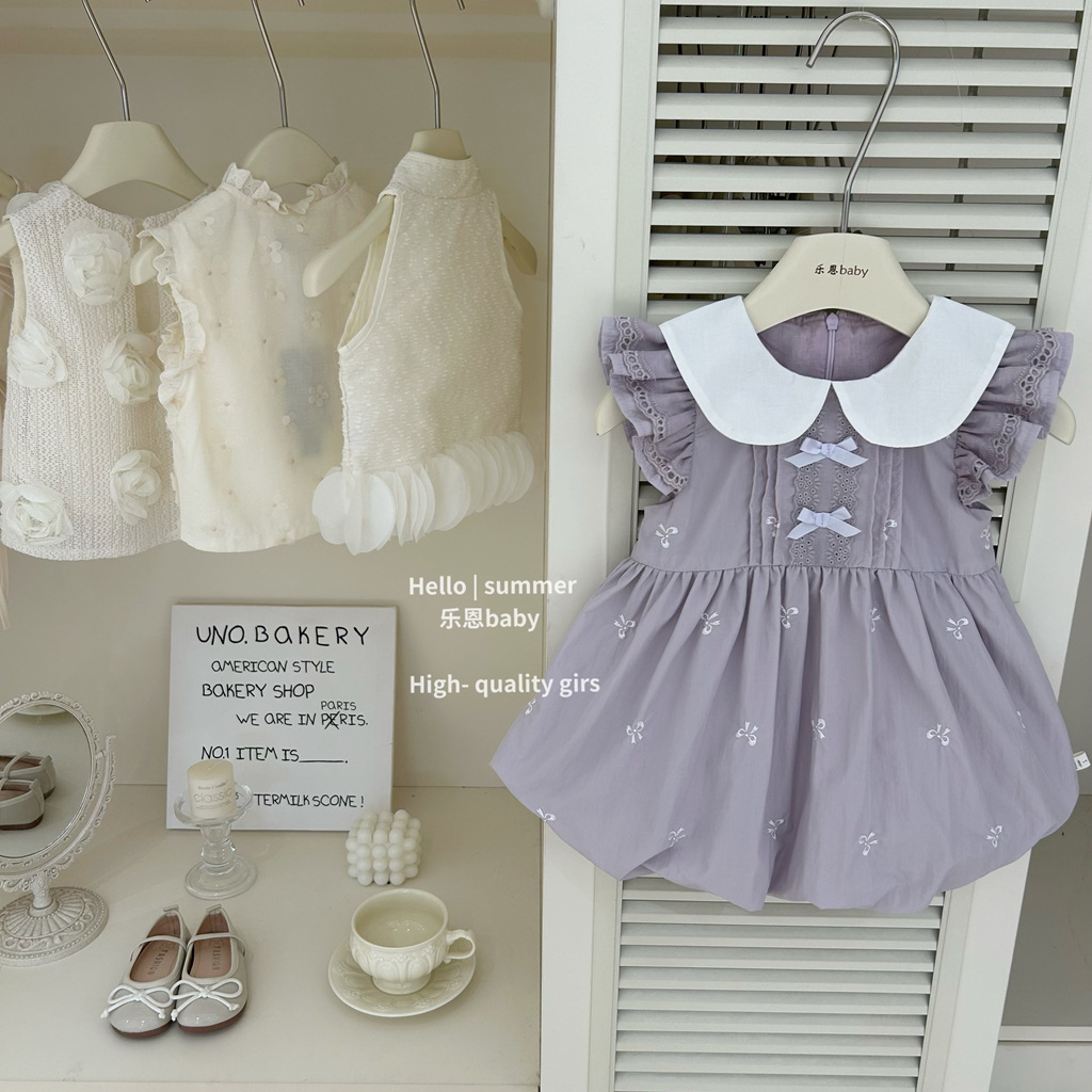 [Le En baby] Verano de alta gama para niñas Nueva falda de botones morados Vestido de estilo occidental Vestido de chaleco de bebé lindo