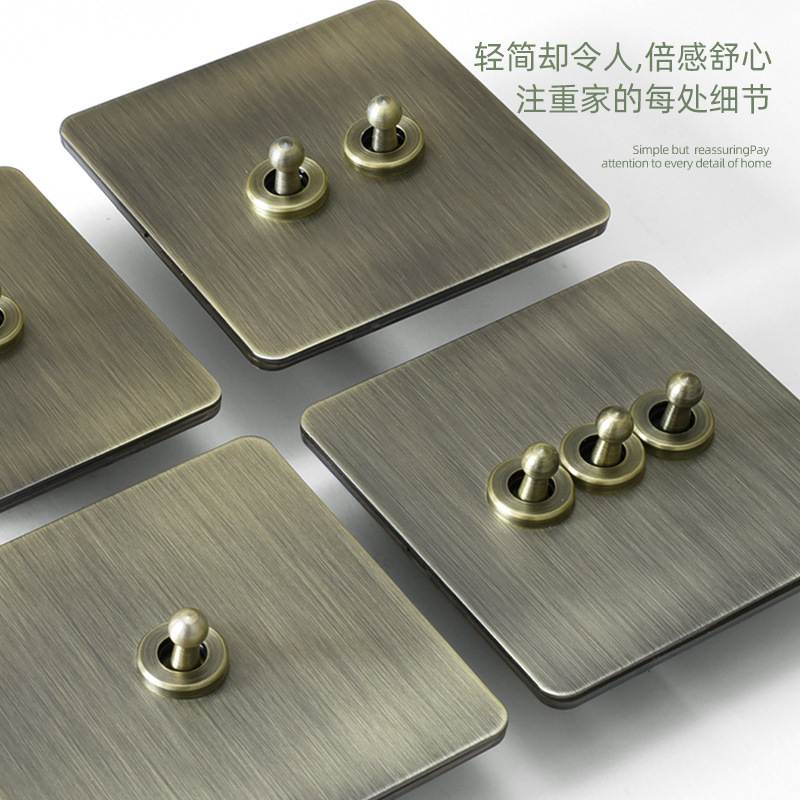 Foreign Trade Type 86 Antique Bronze-Colored Retro Toggle Switch Socket with Brushed Stainless Steel Panel for European-Style Home Decoration