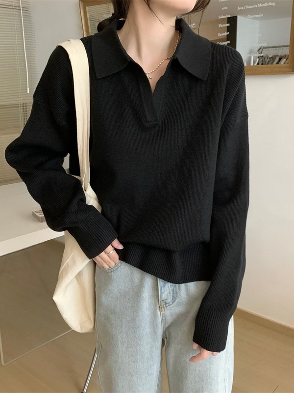 2025气质风休闲显瘦宽松翻领长袖针织毛衣女秋季百搭减龄打底上衣|undefined