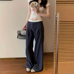 WGWE レイジースタイルパンツニッチパッチワークレースストレートパンツ夏小柄ワイドレッグカジュアルパンツ W5592