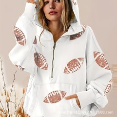 跨境外贸2025欧美女式橄榄球数码印刷连帽长袖短袖半拉链套头衫