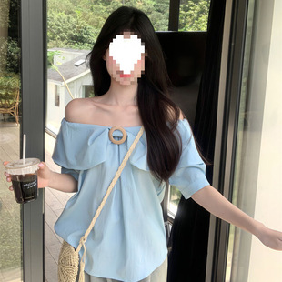 Off-Shoulder Short-Sleeve Shirt for Women, Summer 2025 New Age-Reducing Fashion Versatile Loose Solid Color Top Trendy
