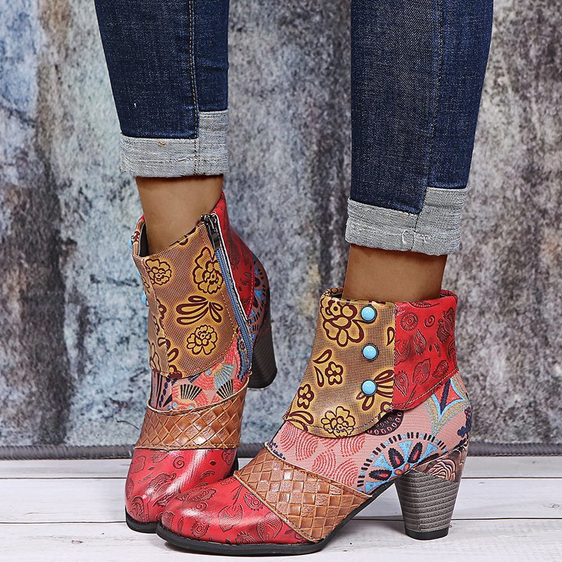 Bottes courtes ShoeVault Cross-Border grandes tailles pour femmes, collection hiver 2021, style ethnique patchwork, bottines Martin à boutons et talons épais._voghion.com