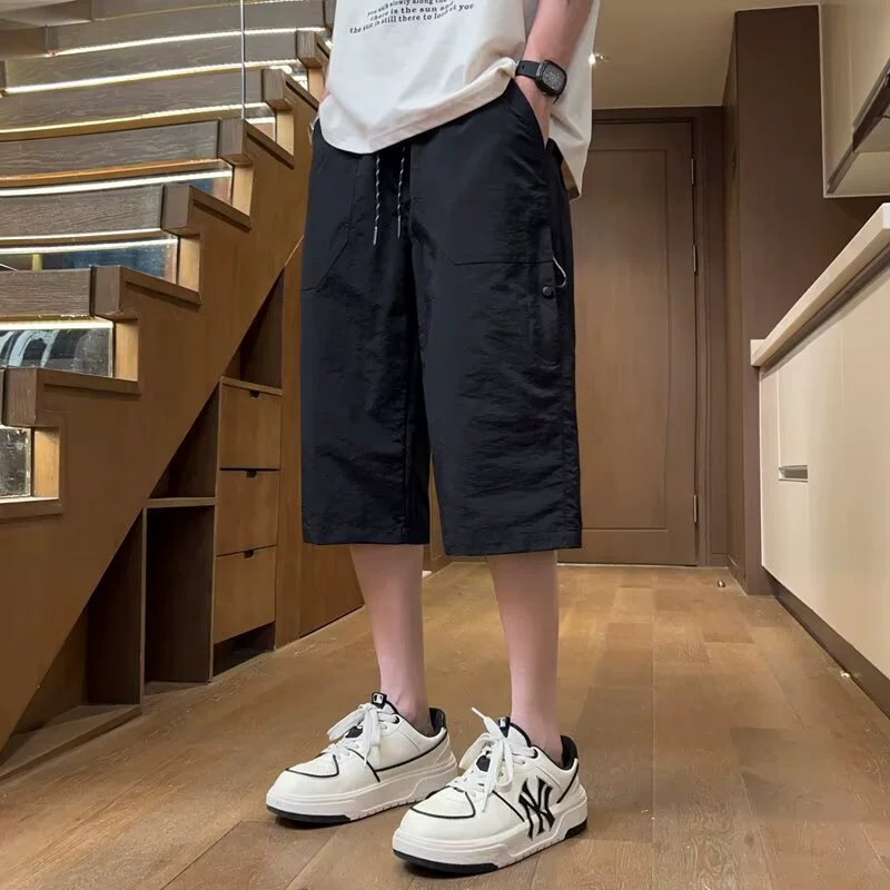 Обычные модные повседневные брюки, укороченные брюки в японском стиле, мужские летние свободные повседневные брюки из ледяного шелка, свободная посадка, свободная талия, ленивая