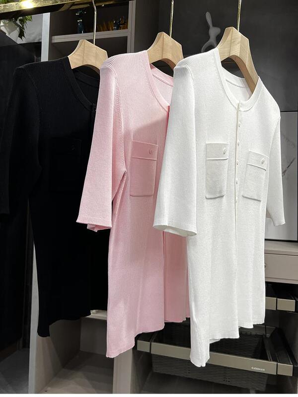 Q the goods! somatosensory version praise! Silk Tencel short-sleeved pocket sweater top female DS3056