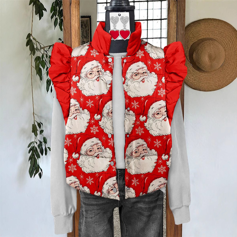 Cross-border AliExpress independent station 3D digital printing Christmas ladies flying sleeve cotton vest cotton-padded jacket factory direct supply Cross-border AliExpress independent station 3D digital printing Christmas ladies flying sleeve cotton vest cotton-padded jacket factory direct supply