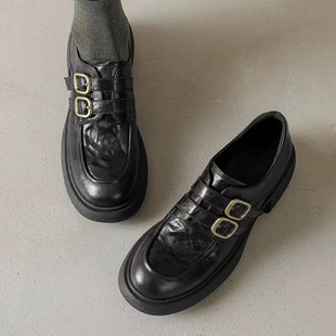 Vintage Academy Style Loafers Women's 2024 Autumn and Winter New All-match Buckle Round Toe Thick Slip-on Shoes