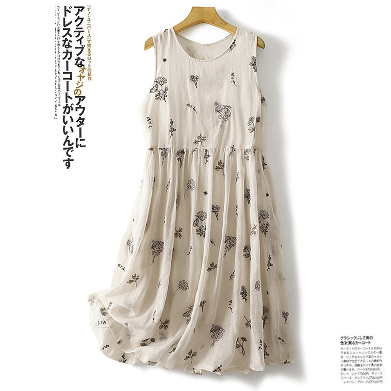 2026 Summer New High-Quality Cotton-Linen Printed Waist-Cinching Slimming White Fairy-Style Robe Dress Tank Dress Long
