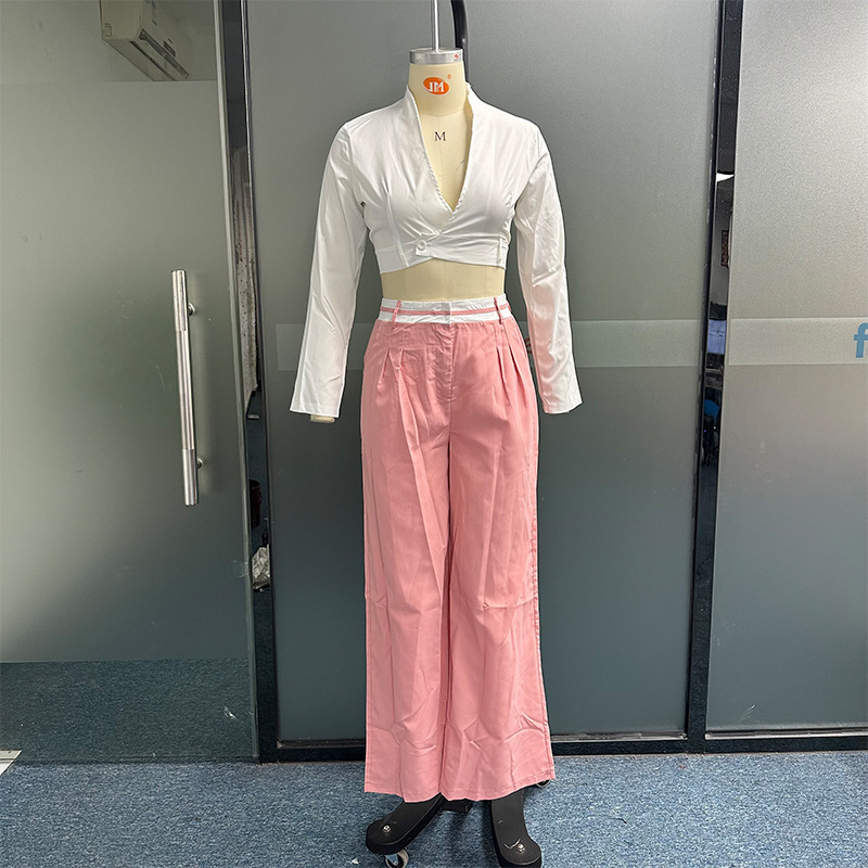 Ladies Suit Summer Casual Solid Color Loose Trousers Two Piece Set