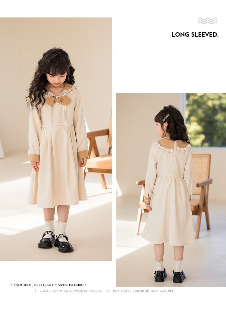 Girls Dress 2023 New Autumn Dress Girls Fashionable Middle and Big Children Lace Bow Tie Long Sleeve Casual Skirt_voghion.com