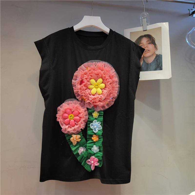 Tailandia marca de moda 2023 verano nueva moda industria pesada cuentas tridimensional malla flor superior suelta Camiseta de manga corta de las mujeres