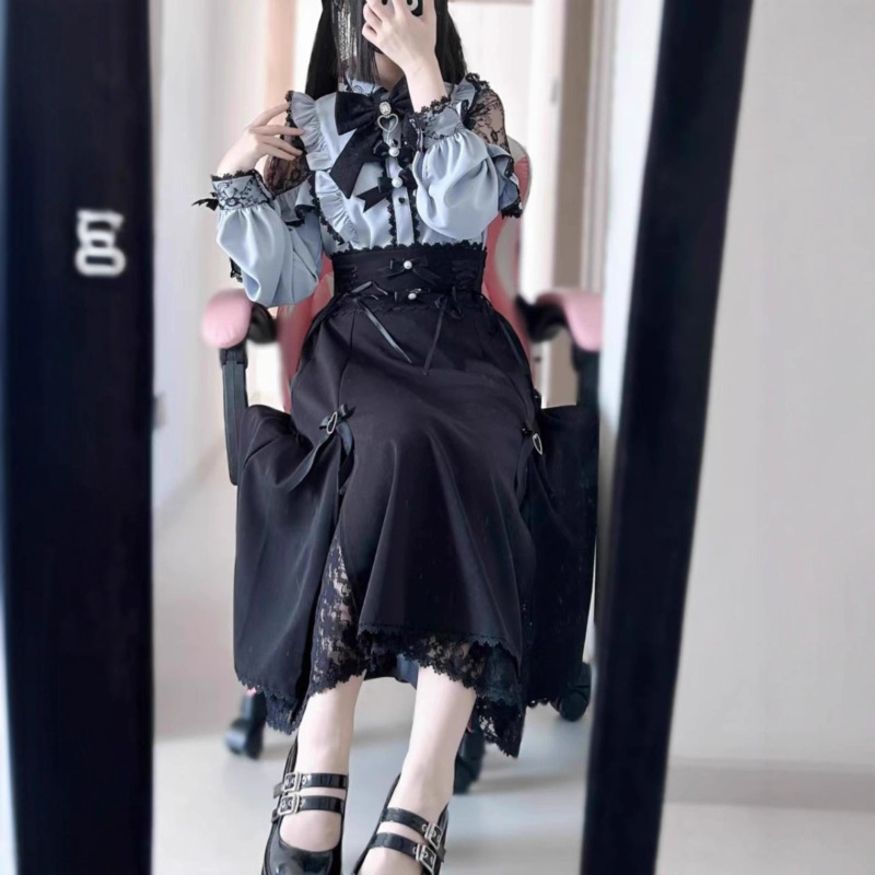 甜心邂逅日系量产型洛丽塔蕾丝花边衬衫高腰半身裙两件套套装女|undefined