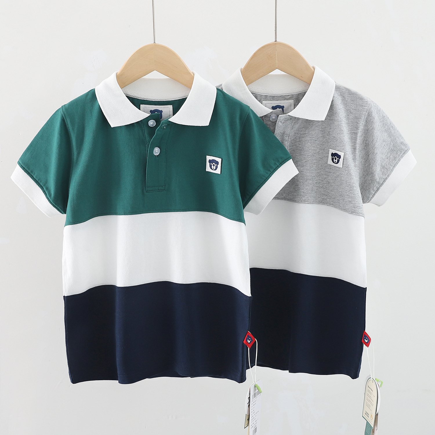 Bear Cub's 26 Summer New Children's Patchwork Polo Shirt, Short-Sleeve T-Shirt for Medium and Large Children, Lightweight and Breathable