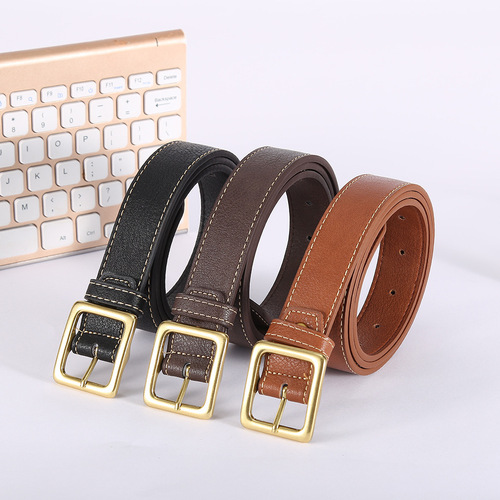 Retro cowhide belt for women Japanese versatile simple belt Korean version square buckle ins cowhide belt men and women trendy wholesale