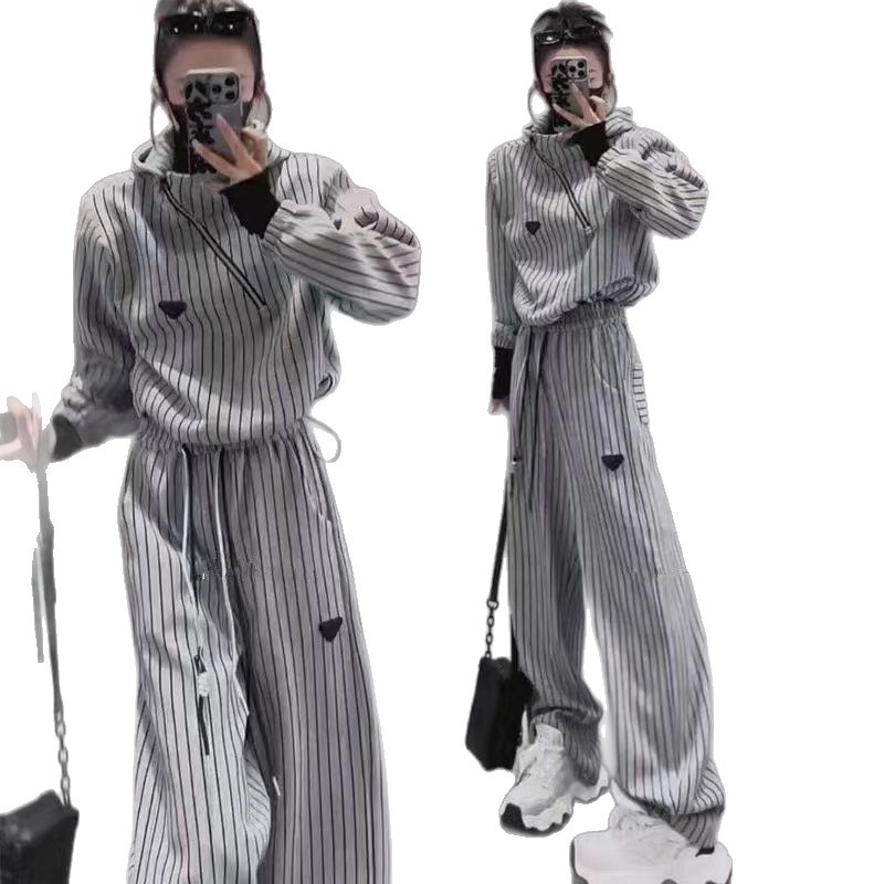Conjunto de dos piezas de sudadera con capucha y pantalones largos a rayas, holgado, adelgazante, primavera y otoño de 2024 para mujer_voghion.com