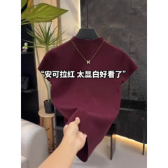 咖啡色短袖t恤女2025春夏季高级感冰丝上衣修身半高领针织打底衫
