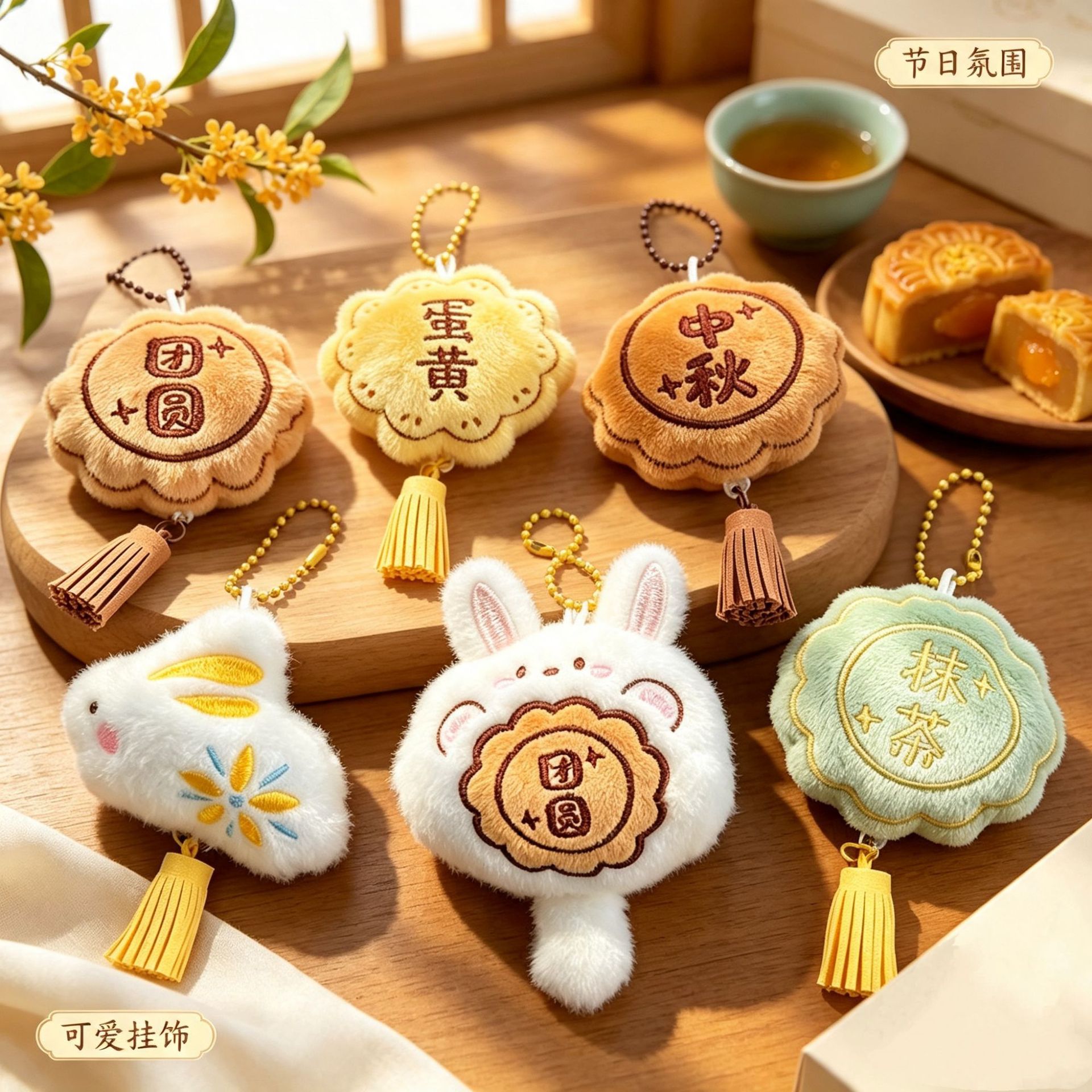 Mid-Autumn Festival mooncake plush pendant, cute moon rabbit toy, bag decoration, festive decoration, gift