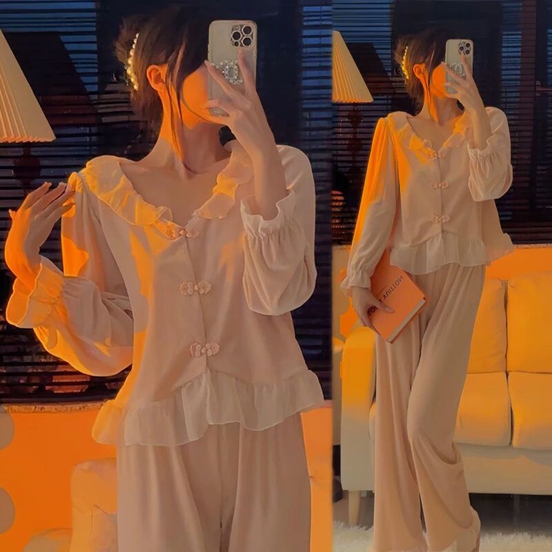 Pajamas Women's Spring and Autumn Golden Velvet Chinese Style Sweet Doll Collar Autumn and Winter Thin Velvet Small Man Home Clothes suit