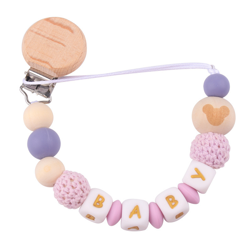 Productos para bebés abrazadera de tetina plana redonda de beech letras de silicona nombre de bebé DIY calmar tetina cadena de prevención de caída cadena