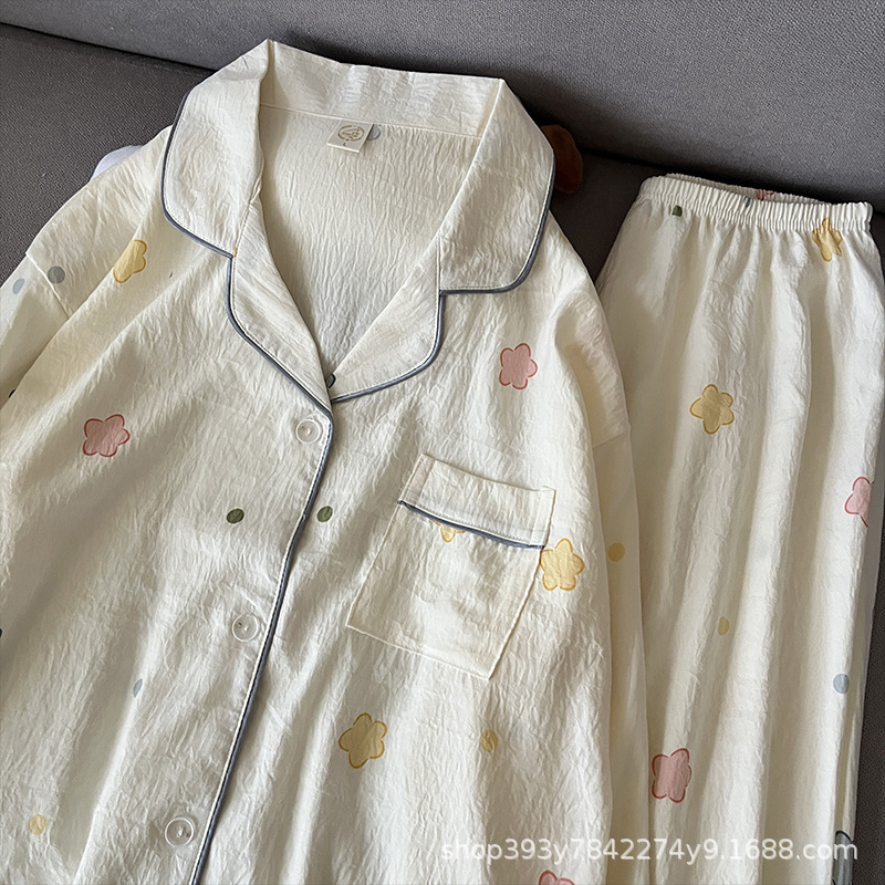 (2개) 5실 봉제 기술이 적용된 여성용 투피스 파자마, 클라우드 코튼 긴팔 팬츠, 스위트 걸리 스타일 가디건, 홈웨어 세트