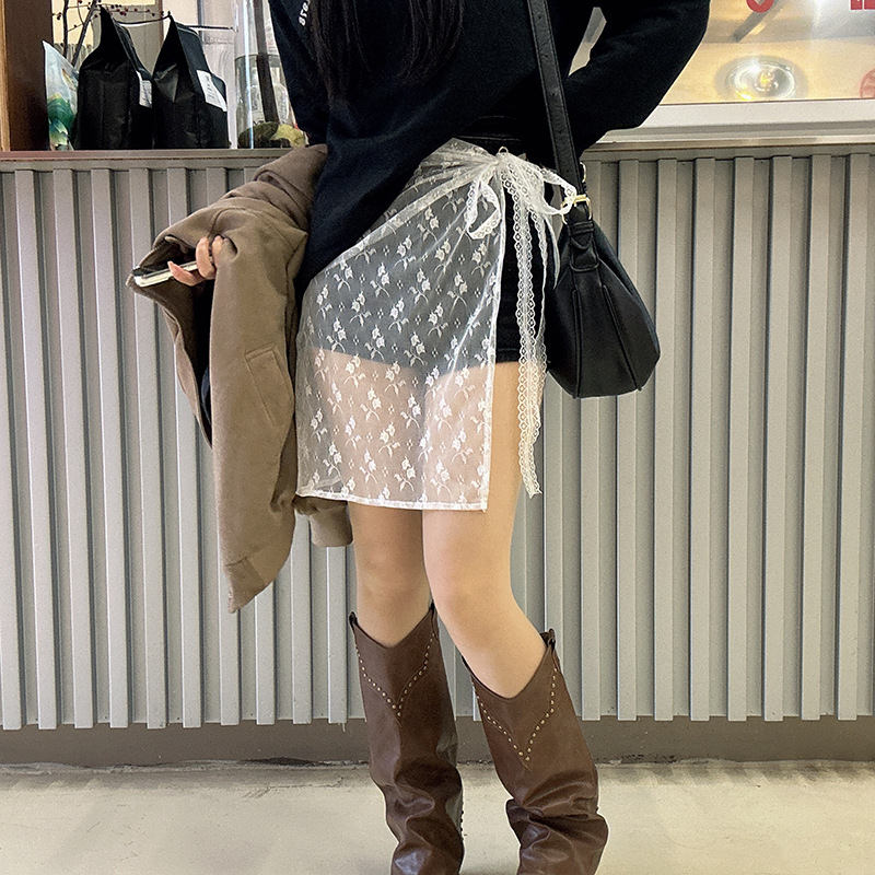 落池针织~原创设计韩国复古蕾丝网纱群围裙女叠穿半身裙百搭罩裙