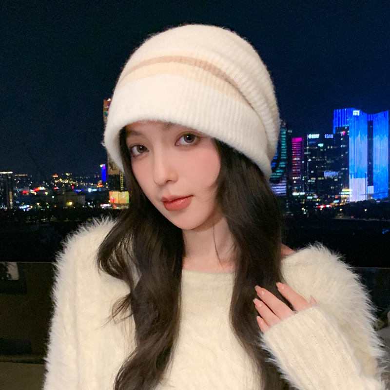 帽子女时尚百搭拼色针织毛线帽秋冬季休闲防寒保暖帽显脸小包头帽|undefined