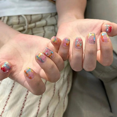 2025春夏彩色格紋ins風美甲貼片糖果色彩繽紛短款穿戴甲多巴胺