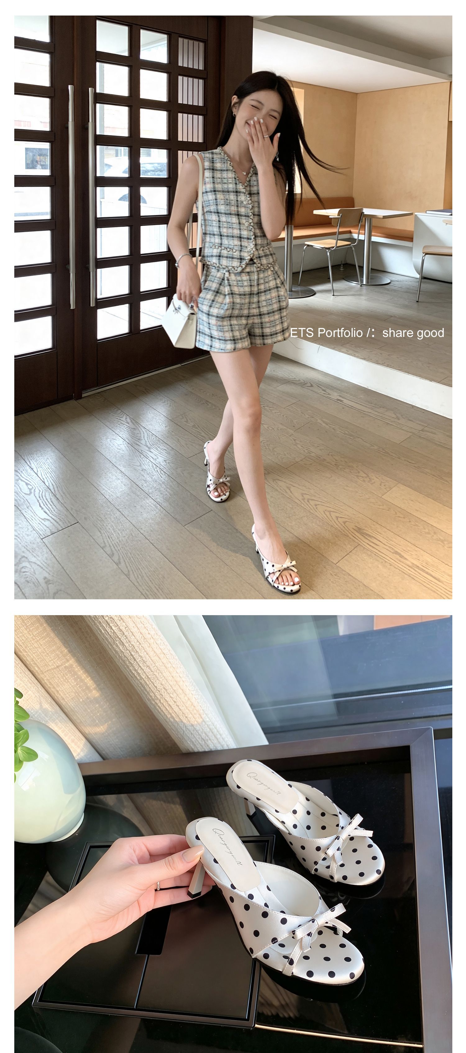 Sandal cao gót nữ hở mũi phong cách Pháp, chất liệu satin họa tiết chấm bi/chấm sóng, gót nhọn 9 cm — Điểm sóng đen, Trang chủ, Điểm sóng trắng chi tiết 18
