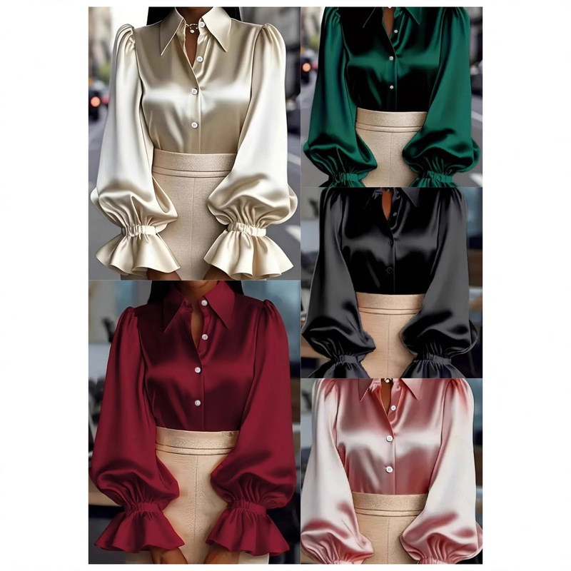 2025 Independent Station Amazon New Elegant Commuter Pure Color Puff Sleeve Long Sleeve Lapel Satin Shirt Women's Clothing