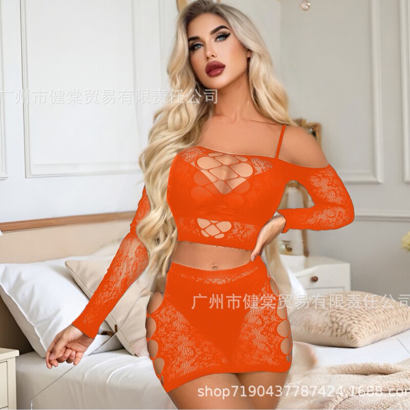 Europe and the United States new ins tube chest lace stitching sexy cross-border underwear suit orange sexy mesh back hollow Europe and the United States new ins tube chest lace stitching sexy cross-border underwear suit orange sexy mesh back hollow