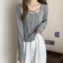 大码女装胖mm辣妹心机锁骨显瘦短上衣女秋季新款修身长袖针织T恤