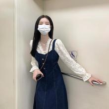 春秋装2025年新款高级感小香风打底蕾丝牛仔吊带连衣裙套装裙女装