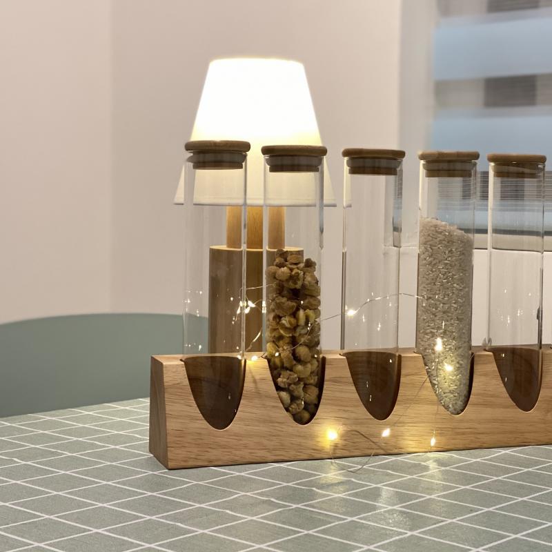 Tubo de ensayo de vidrio de borosilicato estante de exhibición de madera maciza muestra té granos de café cocina clasificación de almacenamiento tanque de almacenamiento