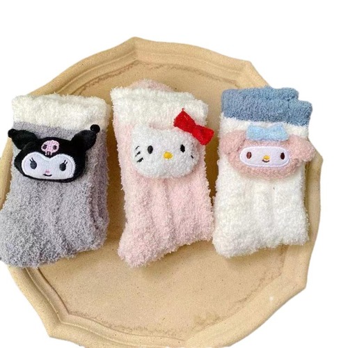 Threeleaf Coral Fleece Slippers with Breathable, Thick, and Warm White Lolita Cute Cartoon Sleep Floor Socks
