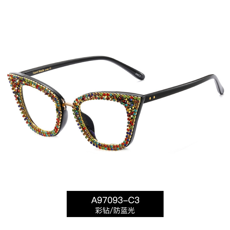 A97093 nueva moda ojo de gato anti-azul gafas de luz gafas ópticas de marco completo de moda punto diamante gafas lisas para mujeres