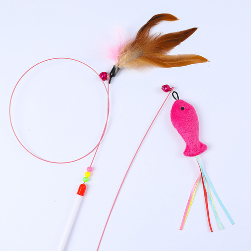 Cat toy cat tease stick, self-pleasure and boredom relief with bell, hand-held long pole cat fighting artifact, steel wire feather cat tease stick