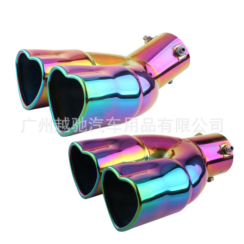 Garganta trasera de doble fila en forma de corazón de automóvil, garganta trasera de automóvil de color, tubo de escape azul tostado de amor de acero inoxidable, silenciador