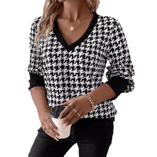European and American Cross-border Amazon Spring 2025 Elegant Women's Printed Sweatshirt V-neck Long Sleeve T-shirt Top for Women