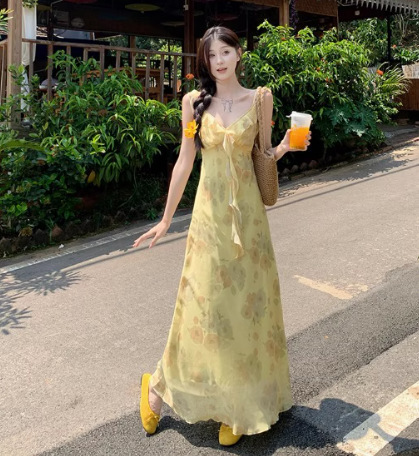 2025 新しい夏のヒップカバーフィッシュテールロングスカート黄色の花柄 V ネックフレンチプリント気質痩身ドレス|undefined