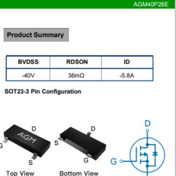 芯控源AGM40P26E   P管40V  内阻36mR  电流5.8A  封装SOT23-3