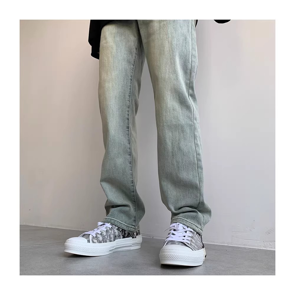 Men's High Elasticity Yellow Mud Dyed Straight Leg Jeans Loose Fitting Trendy Casual Retro Slimming Extra Long Pants_mkmklike.com