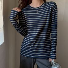 工厂韩系条纹撞色长袖t恤女早秋季慵懒感上衣宽松休闲百搭打底衫