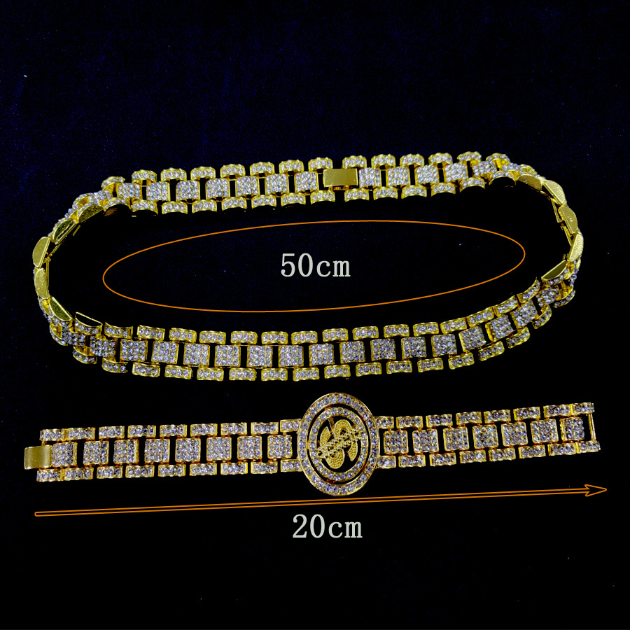 Men's Full Diamond 16MM Tank Chain Rotating Dollar Bracelet Necklace Set Hip Hop Fashion Jewelry_voghion.com