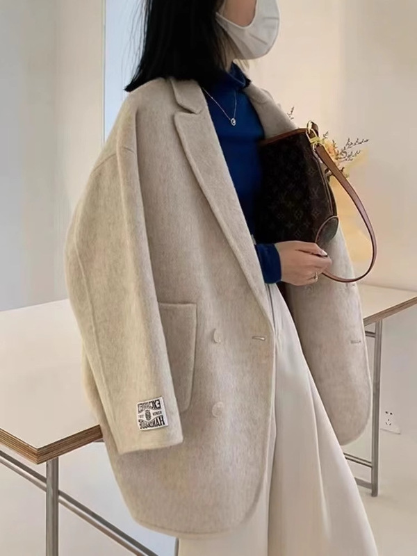 秋冬新作韓国風スモールスーツウールコート厚手ヘリンボーンカジュアル女性用両面ウールコート|undefined