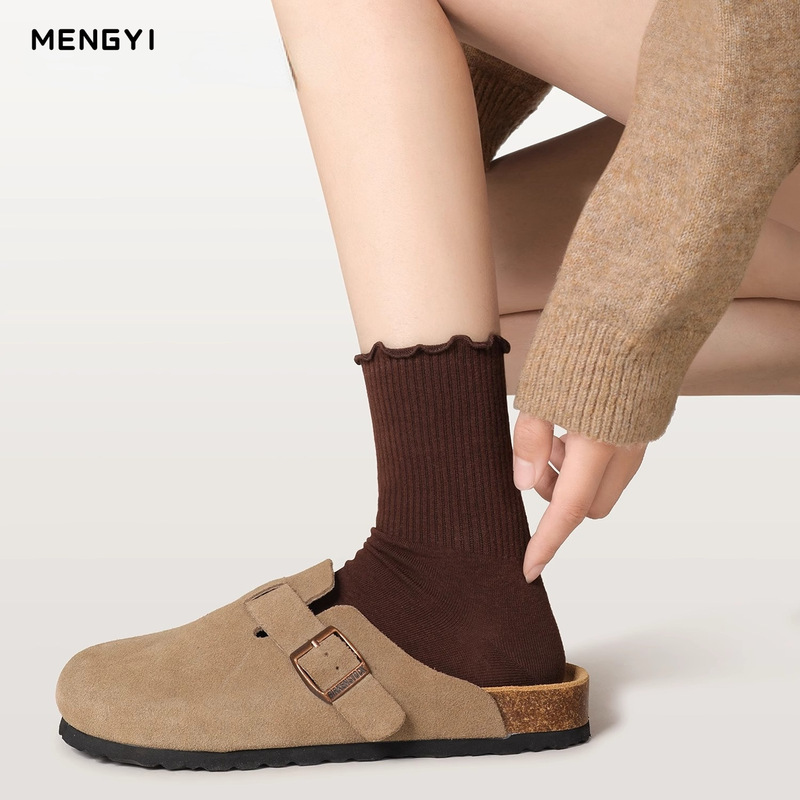 Lace socks children's piled socks autumn and winter brown wooden ear socks Maillard cotton stockings with Birkenstock shoes