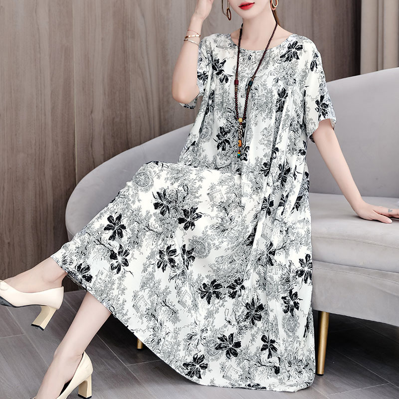 中老年大码碎花棉绸连衣裙女2025夏装新款50多岁中年妈妈气质裙子|undefined