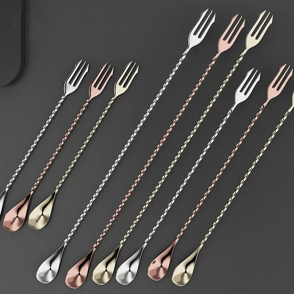 304不锈钢调酒勺 长柄款搅拌棒创意鸡尾酒双头吧勺子 更叉吧勺