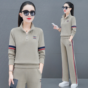 Spring and Autumn Sports suit Women's Fashion Middle-aged Western Style Age-reducing Slimming Lapel Sweat Trousers Casual Wear Two-piece Set